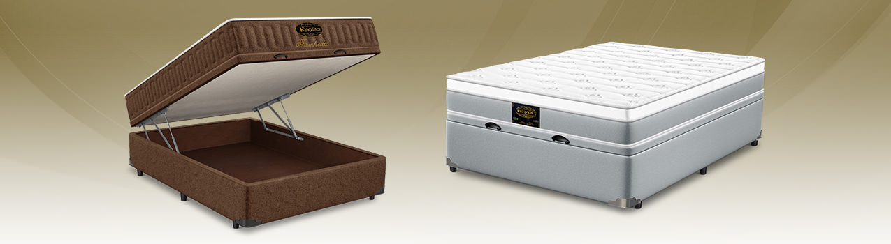 À esquerda, imagem de box de colchão com baú marrom e, à direita, modelo de colchão King Star branco. À esquerda, imagem de box de colchão com baú marrom e, à direita, modelo de colchão King Star branco.