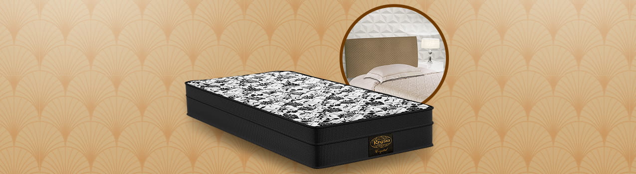 Montagem com cama de solteiro King Star com detalhes em preto e branco no centro.