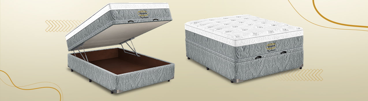  Montagem com dois colchões da linha King Star Presidencial. À esquerda, uma cama de casal box com baú aberta e, à direita, fechada.