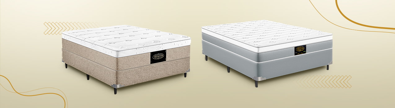 Montagem com duas camas de casal box da King Star. À esquerda, um modelo bege e, à direita, um cinza.