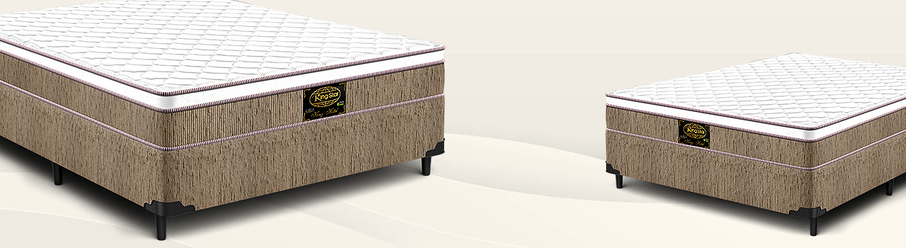 Montagem com dois modelos de cama de casal com box da King Star. Ambos possuem as laterais na cor bege e superfície em branco.
